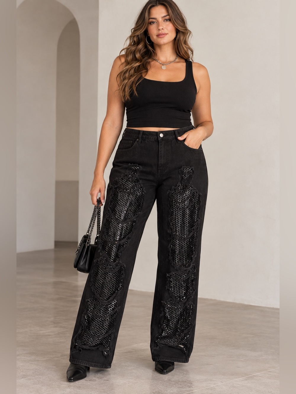 Black Distressed Sequin Detail Women's Jeans